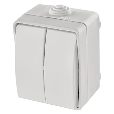 Imagen de EMOS interruptor de serie impermeable con 2 basculantes, doble para iluminación, color blanco, 250 V /10 AX, plástico, montaje en pared, clase protección IP54 exterior