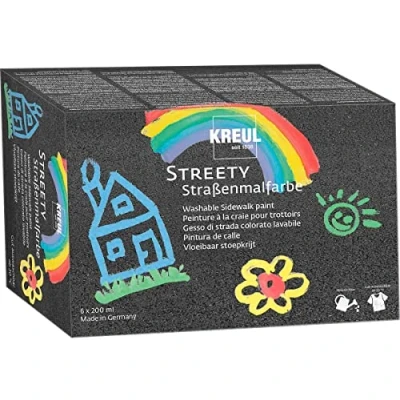 Imagen de KREUL 43110 Streety Juego de 6 botes 200 ml Pintura pavimento a la tiza líquida vegana dermatológicamente probada Lavable y aplicable con brocha o rodillo