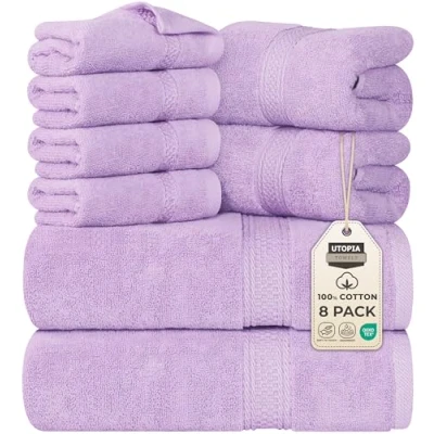 Imagen de Utopia Towels Juego de Toallas Premium 8 Piezas; 2 baño, Mano y 4 toallitas Algodón Calidad del Hotel, súper Suave Altamente Absorbente (Lavanda)
