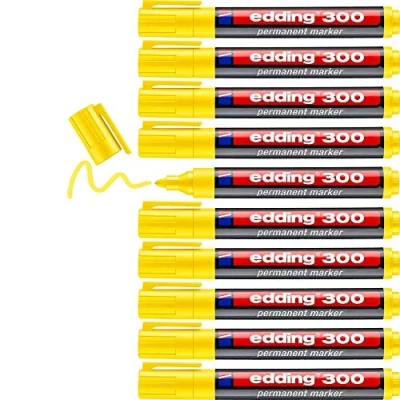 Imagen de edding 300 marcador permanente amarillo 10 rotuladores punta redonda 1,5 3 mm resistente al agua, de secado rápido, indelebles para cartón, plástico, vidrio, madera, metal