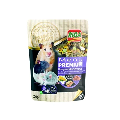 Imagen de Riga Menú Premium para roedores granívoros Mezcla de Semillas, Cereales, Verduras, Frutas y nueces Concepto trinutrición Rico en vitaminas minerales 500 g