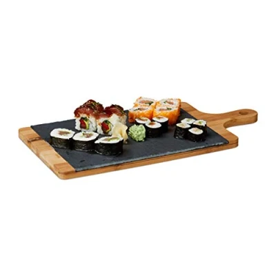 Imagen de Relaxdays Bandeja Rectangular y Tabla de Cortar 2 en 1 con Placa Pizarra Mango, Bambú, Gris, 1,8 x 45 22,5 cm, 5 1.8 22.5 cm