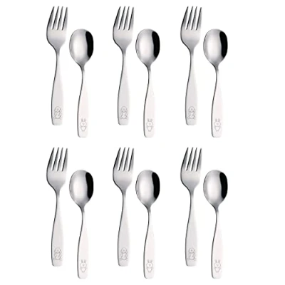 Imagen de Exzact Cubertería infantil 12 piezas Tenedores x 6, Cucharas 6 Cubiertos para niños de acero inoxidable Perro y conejito grabado