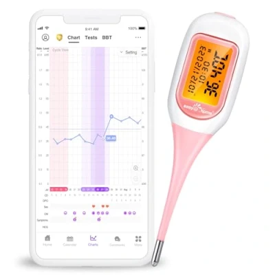 Imagen de Easy@Home Termómetro basal rastrear período con Premom (iOS o Android) Sincronizar TBC Bluetooth Generar tablas &amp; predecir la fertilidad automáticamente. Pantalla grande retroiluminado