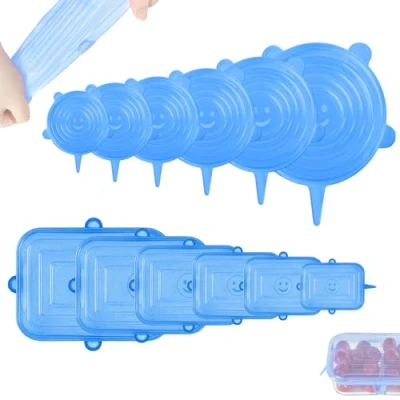 Imagen de Tapas silicona ajustables cocina 12 piezas redonda y cuadrada elasticas adaptables reutilizables ecoamigables Sin BPA Aptas para Lavavajillas Perfectas Mantener Frescura azules