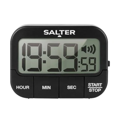 Imagen de Salter 355 BKXCDU Temporizador Precisa De Cocina Digital, Magnético, Botón Inicio/Pausa Grande, Con Alarma, 3 Niveles Volumen Ajustables, Cuenta Progresiva Y Regresiva Hasta 20 Horas, Negro