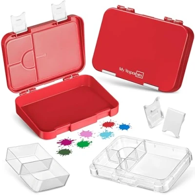 Imagen de My Vesperbox Len Bento Box Niños Fiambrera con 4 + 2 compartimentos Extremadamente resistente ideal para la guardería y escuela… (rojo blanco)