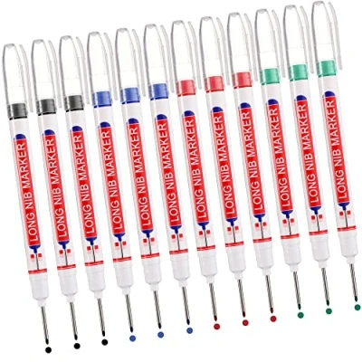 Imagen de UNOLIGA 12pcs Marcador Agujeros Profundos, Rotulador Carpintero, Permanentes de Punta Larga 20 mm, Rotuladores Metalicos para Marcar Lugares Difícil Acceso (Negro Azul Rojo Verde)