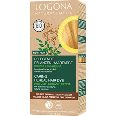 Imagen de LOGONA Naturkosmetik tinte vegetal nutritivo para el cabello, polvo vegano con henna orgánica un color intenso y brillo, en rubio dorado (rubio), 1 x 100 g