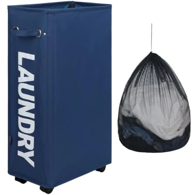 Imagen de DOKEHOM 29 Inches Bolsas Cestos para la colada Con Ruedas, Gran servicio de lavandería, plegable bolsa lavado ropa Bin (Azul Oscuro, L)