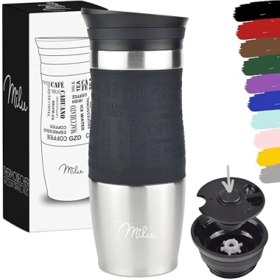 Imagen de Milu Taza aislante de café y té para llevar 370ml 450ml 100% a prueba fugas acero inoxidable beber vaso aislamiento al vacío Caliente frío (Negro, 370ml)