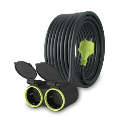 Imagen de MutecPower 15m Cable alargador de corriente con 2 enchufes Schuko para uso Exterior IP44 H05RR F3G 1,5mm² alargo doble tomas Protección Infantil Goma 15 metros negro/verde
