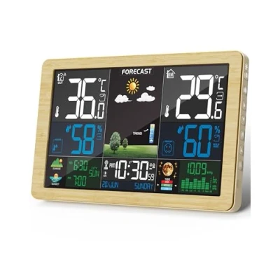 Imagen de Estación Meteorológica para Casa con Sensor Digital, Pantalla a Color Reloj Hora Temperatura Humedad Pronóstico del Tiempo Barómetro Termómetro Higrómetro