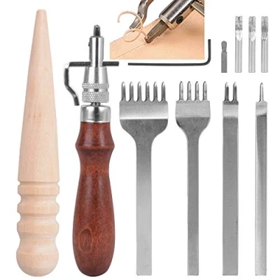 Imagen de 4pcs Perforadoras Herramientas Artesanales Costura Tenedores para Coser Cuero+5 en 1 Ranuradora Artesanía de Cuero+Bruñidor Cuero Madera Leathercraft