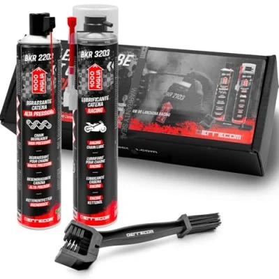 Imagen de ERRECOM 1000 Miglia Clean&amp;Lube Kit Cadena Moto Racing; Desengrasante Alta Presión 750mL+ Lubrificante Carrera Alto Rendimiento 500mL+ Huggie System y Extensión 90+Cepillo+ Guantes