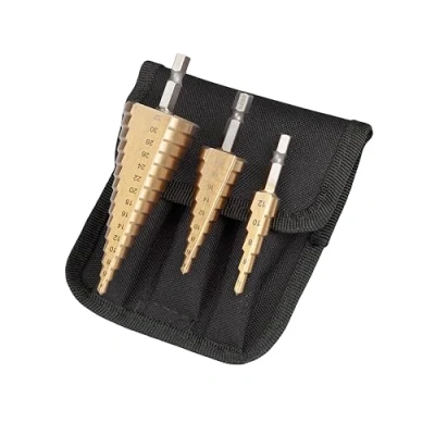 Imagen de UK Drills HSS Juego de brocas escalonadas con revestimiento titanio, 3 piezas, 4 32 mm, para taladrar en metal duro, acero inoxidable, hierro fundido