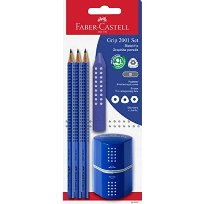 Imagen de Faber Castell 580023 Juego De Lápices Grip 2001, 5 Piezas Con 3 Lápices, Goma Borrar Y Sacapuntas, Azul