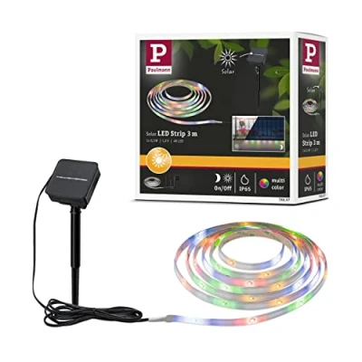 Imagen de Paulmann Tira LED solar 78897, 3 m, incluye sensor crepuscular y batería IP44, 0,3 W, 16 LEDs/m, RGBY, color negro
