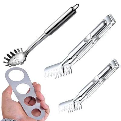 Imagen de Jicyor 2pcs Acero Inoxidable Pinzas Espaguetis +1pcs Resistente Calor Cuchara de Pasta Pequeña Herramienta Medidora para Cocina(4pcs)