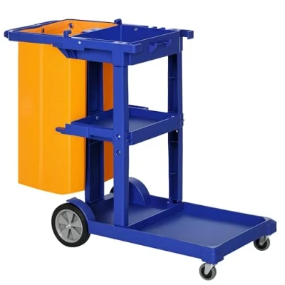 Imagen de HOMCOM Carro de Limpieza con Bolsa Servicio Ruedas y 3 Estantes para Hotel Hostal 121x50,5x96,5 cm Azul Amarillo
