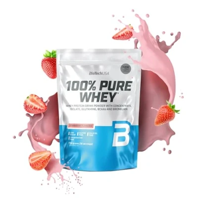 Imagen de BioTechUSA 100% Pure Whey Proteína en Polvo con BCAA y Glutamina Sin Gluten, Aceite de Palma, 454 g, Fresa