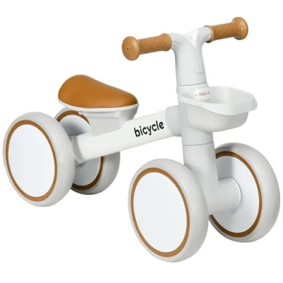 Imagen de AIYAPLAY Bicicleta sin Pedales para Niños de 12 36 Meses Equilibrio con Asiento Ajustable Cesta y 4 Ruedas Silenciosas Carga 20 kg 56x27x39 cm Blanco Marrón