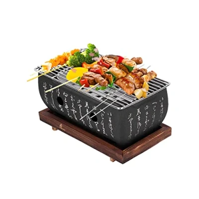 Imagen de Buachois Parrilla de Mesa Carbón,Barbacoa Japonesa Mesa,Barbacoa Terraza Portatil,Barbacoa Interior Mini Cuadrada con Base Madera, para Yakiniku Barbacoa