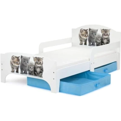 Imagen de Leomark Smart Cama Infantil de Madera Familia Grises Gatos Marco Cama, Colchón y Cajón, robustro Cómodo Dormitorio Impresa, Muebles para Niños, Espacio Dormir: 140/70 cm