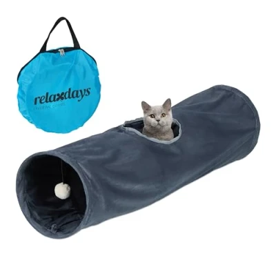 Imagen de Relaxdays Túnel para Gatos, Felpa Suave, con Bola de Juguete, Tubo Gatuno Plegable, 88 x 25 cm, Laberinto, Gris, Acero, 88x25 cm