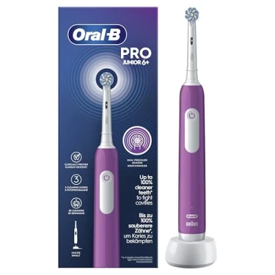 Imagen de Oral B Pro Junior Cepillo De Dientes Eléctrico, 1 Mango Morado, Cabezal, Diseñado Por Braun, Apto Para Niños Mayores 6 Años