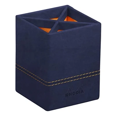 Imagen de RHODIA 194534C Portalápices azul medianoche 8x8x11 cm Pespuntes naranjas Exterior de piel sintética Colección Home Office Rhodiarama Organización oficina y almacenamiento diseño
