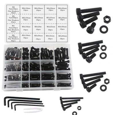 Imagen de huruirui M3 M4 M5 M6 Tuercas y Tornillos Juego de 500pcs Hexagonales Allen Acero con al Carbono Negro Tuerca Perno Arandela Plana Llaves