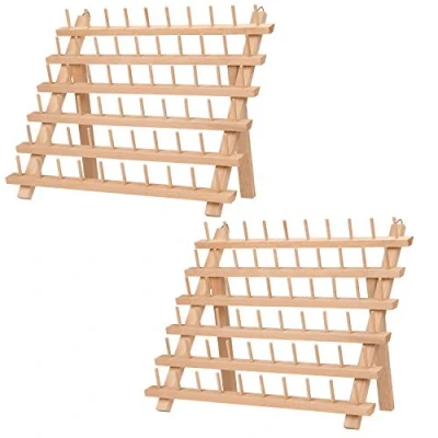 Imagen de Kurtzy Porta Hilos de Madera 60 Carretes Hilo (Pack 2) Organizador Costura Mesa con Ganchos para Colgarlo Haya Soporte Bordar, Costura, Colchas