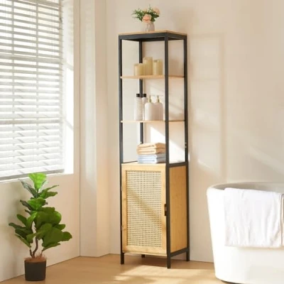 Imagen de [en.casa] Mueble de Baño Alto con 3 Compartimentos Abiertos Estantería Puerta Cuarto Cocina Dormitorio MDF Bambú Ratán 172x40x35 cm Negro/Natural