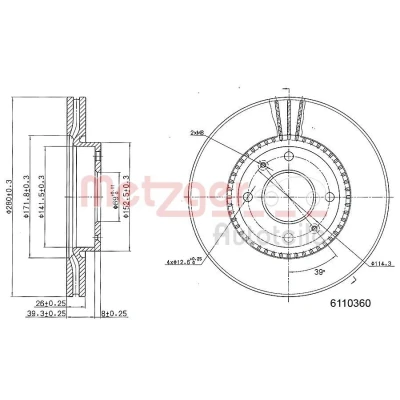 Imagen de METZGER 6110360 Disco de freno Eje delantero 280 26 4 114,3 ventilación interna barnizado, Lijado en cruz HYUNDAI: Elantra III Hatchback, SONATA