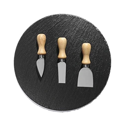 Imagen de SILVANO BSP QC Tabla de quesos Bandeja Pizarra Redonda Plana + 3 Utensilios Cortar Queso