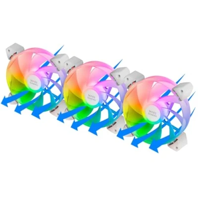 Imagen de MARSGAMING MF 3AR, Kit 3x Ventiladores 120mm FDB, Aspas Invertidas, Iluminación ARGB 360 Sin Marco, Anillo Completa, PC con Compatibilidad Total ARGB, Doble Conector, Blanco