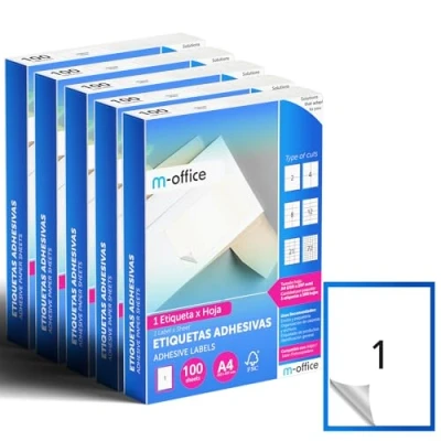 Imagen de M office Etiquetas Adhesivas A4 compatible con Label Printer, Pegatinas Blancas para Uso Diario, Papel Adhesivo Imprimir, Escribir (1 por hoja, 500h)