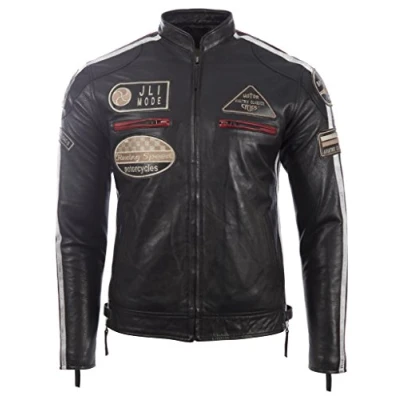 Imagen de Aviatrix Chaqueta Biker De Cuero Autentico Para Hombre Con Cuello Banda y Distintivos Moto (CXUS)