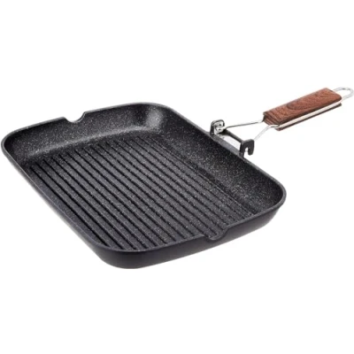 Imagen de WECOOK! Ecochef Grill Asador Inducción Rayas 34 X 24cm, Antiadherente QUANTANIUM Ecológico sin PFOA, Aluminio Fundido, 5mm Espesor, Mango Madera Plegable, Apta Todas las Cocinas Vitrocerámica, Gas