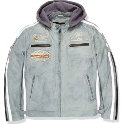 Imagen de Chaqueta Moto Hombre en Cuero 58 Gents Cazadora de Piel Cordero Armadura Removible para Espalda, Hombros y Codos Aprobada por la CE Gris Claro XL
