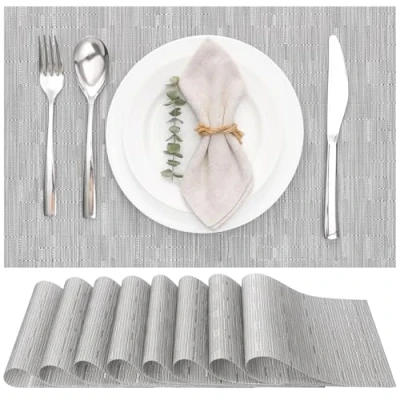 Imagen de Myir JUN Salvamanteles Individuales Juego de 8, Lavables Manteles Plásticos Vinil Esteras, Resistentes al Calor Antideslizante Fácil Limpiar y Impermeable 30x45cm(Gris)