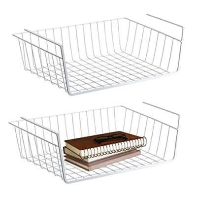Imagen de cesta de almacenamiento para debajo del armario, 2 cestas colgantes metal, colgante cocina, oficina, despensa, baño, armario (blanco)