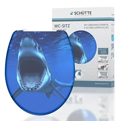 Imagen de Schütte 82371 Shark Asiento de Inodoro plástico termoestable Duroplast con Descenso automático y Cierre rápido para una fácil Limpieza, Capacidad Carga 150 kg, diseño tiburón, Motiv
