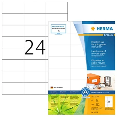Imagen de HERMA 10729 Etiquetas recicladas, 80 hojas, 70 x 37 mm, 24 hojas por A4, 1920 unidades, autoadhesivas, imprimibles, mate, en blanco, papel reciclado, blanco natural