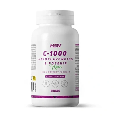 Imagen de Vitamina C 1000mg de HSN 30 Tabletas 1 gramo Pura Vegana con Bioflavonoides Cítricos + Rosa Mosqueta Fórmula Alta Potencia Suministro Mes No GMO, Vegano, Sin Gluten