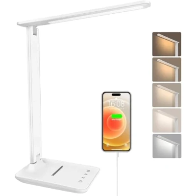 Imagen de joyshie lámpara Led Escritorio, Flexo de escritorio con luz nocturna, lampara control táctil, Puerto carga USB, 5 niveles luminosidad modos (blanco)
