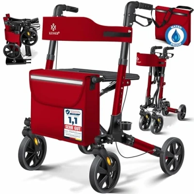 Imagen de KESSER® Andador plegable con asiento y respaldo, 4 Ruedas/Frenos/Saco de Compra Porta Bastón, Altura Ajustable 82 94cm, Andador, Carro, Rollator para Ancianos