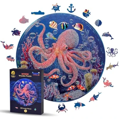 Imagen de Puzzle de Madera para Adultos Y Niños Puzzles Animales del Mar Rompecabezas Redondo Marino Regalos Originales Navidad Cumpleaños (S, Pulpo)