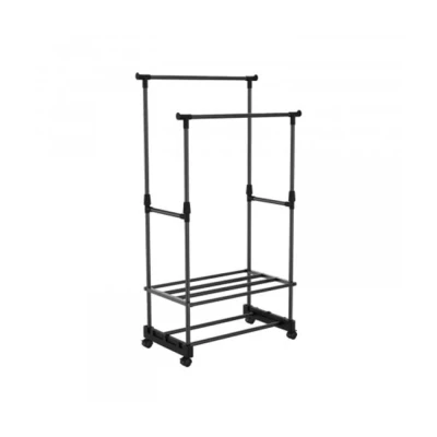 Imagen de O91 Perchero Burro de Pie con Ruedas Doble Barra Zapatero y Estante Plateado Clado Industrial para Tiendas Ropa, Vestidor, Recibidor, Dormitorio 77x39x157cm